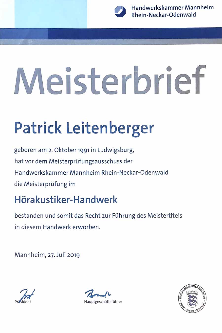 Zertifikat Patrick Leitenberger Meisterbrief