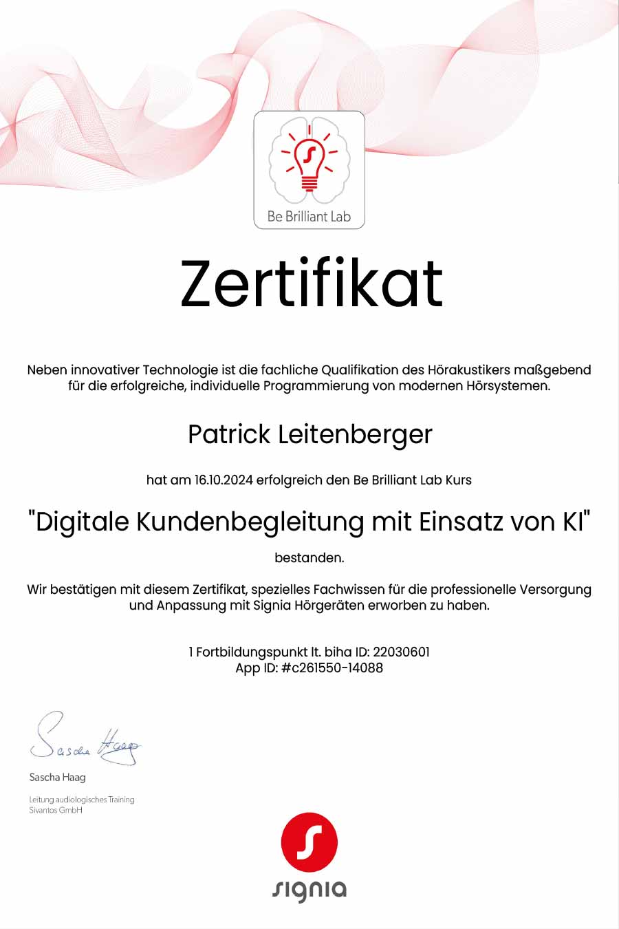 Zertifikat Patrick Leitenberger Signa 2