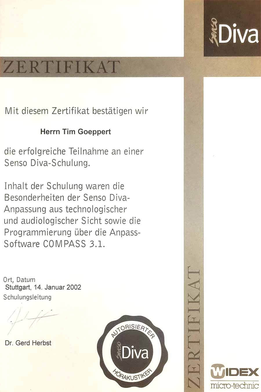 Zertifikat Tim Goeppert Senso Diva