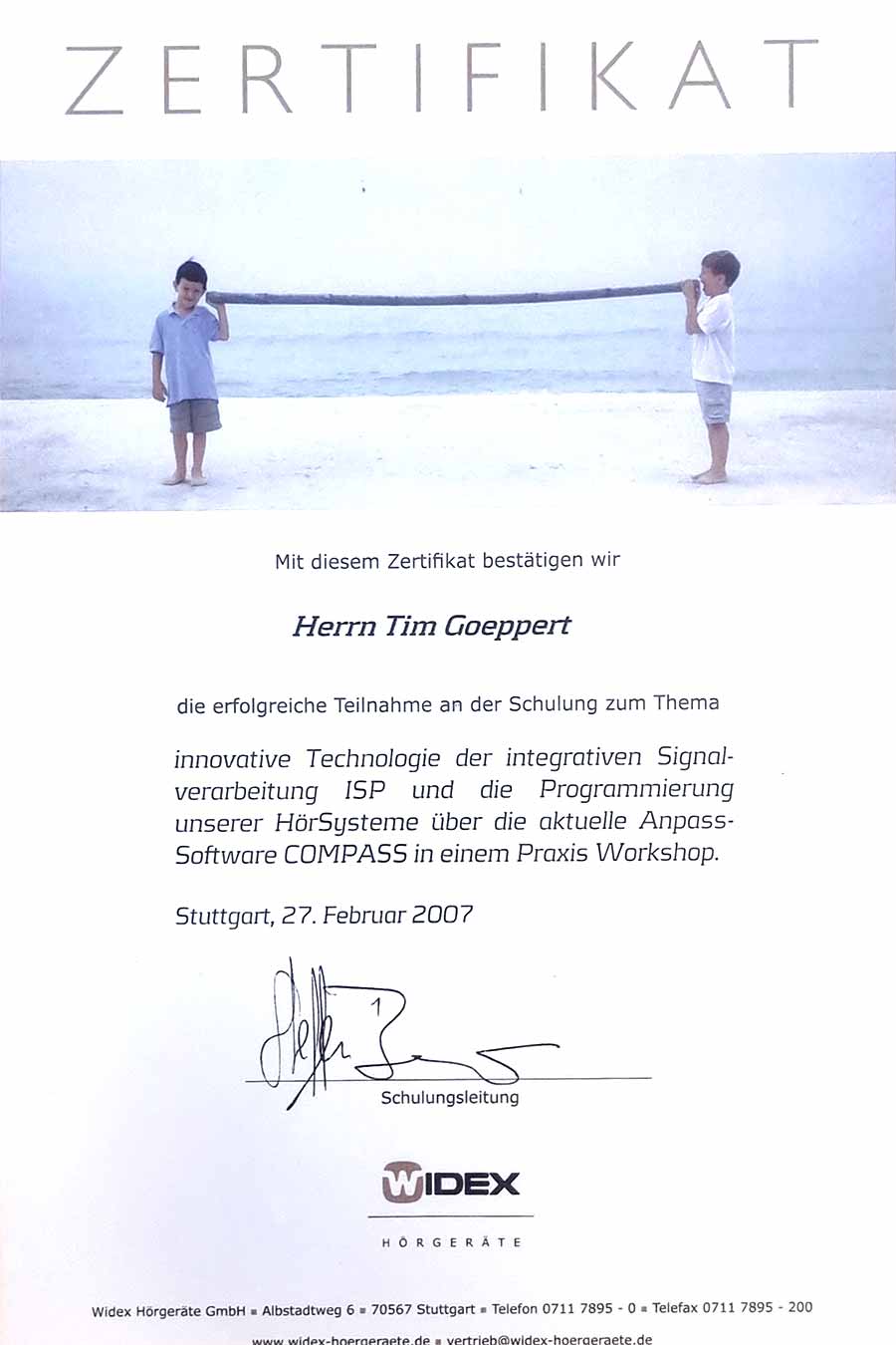 Zertifikat Tim Goeppert Widex 3