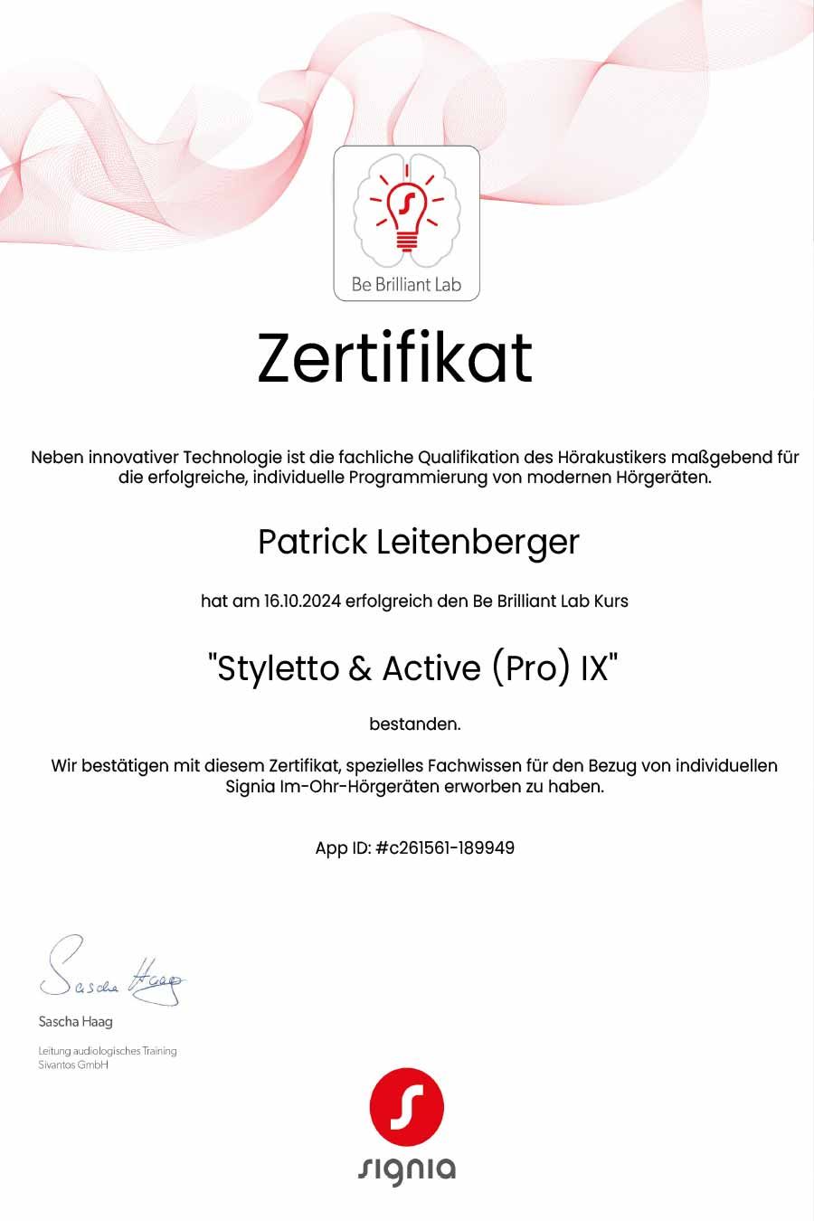 Zertifikat Patrick Leitenberger Signa 1