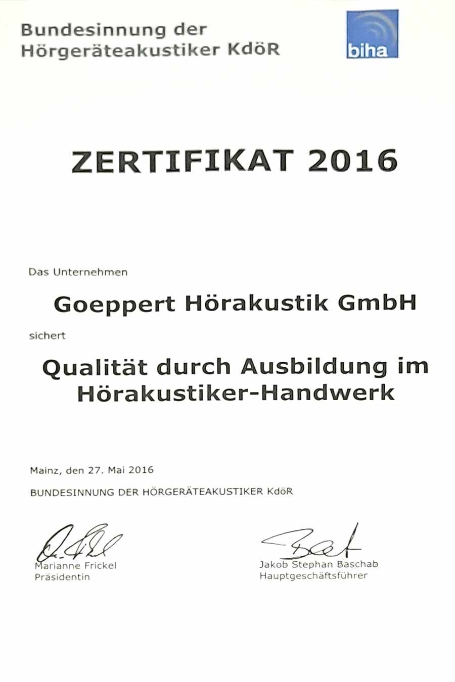 Hoerstudio Zertifikat Ausbildung Biha 2016