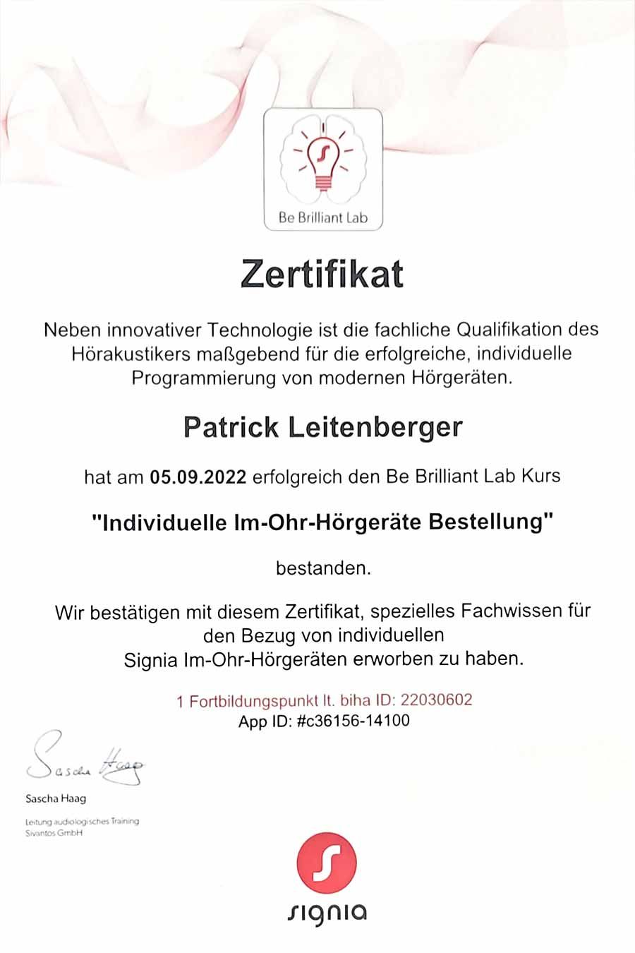 Zertifikat Patrick Leitenberger Signa 3