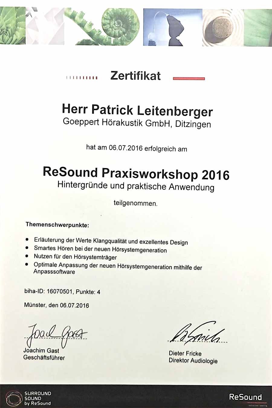 Zertifikat Patrick Leitenberger Resound 1