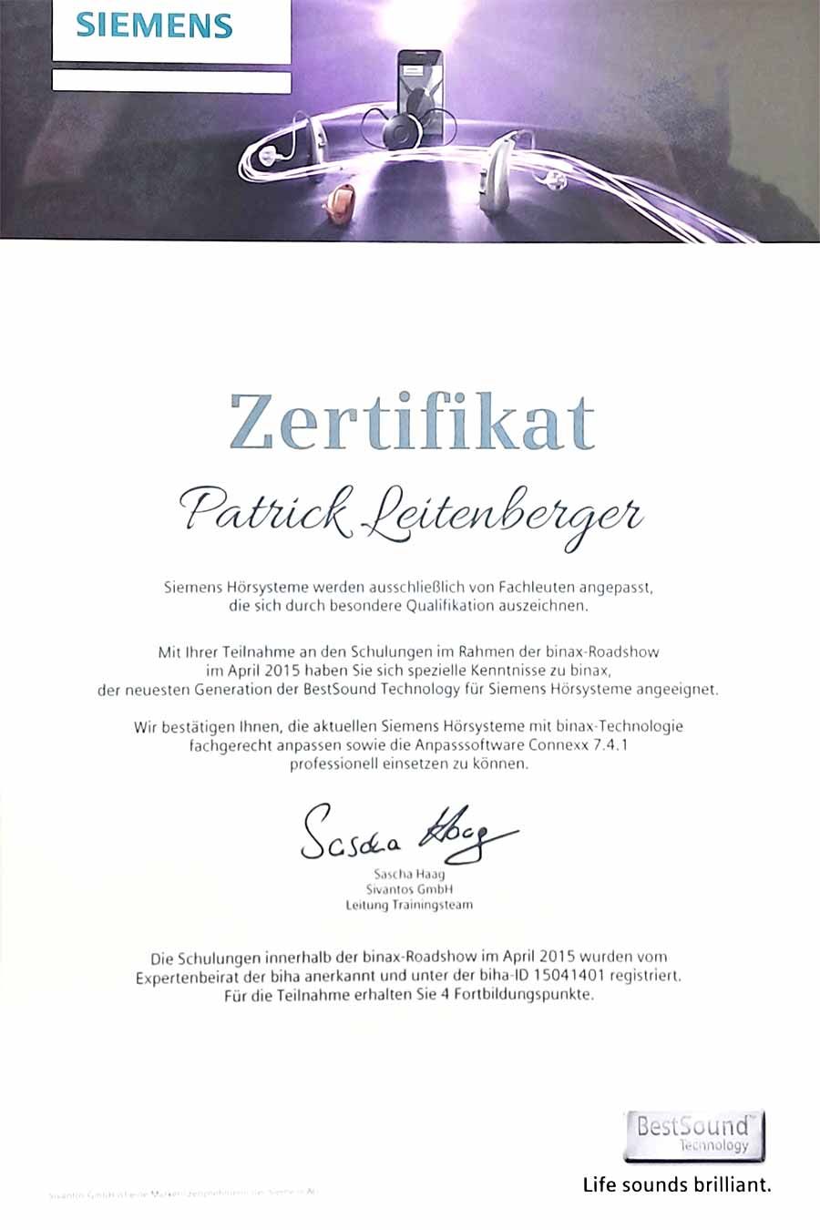 Zertifikat Patrick Leitenberger Simens Sivantos 1