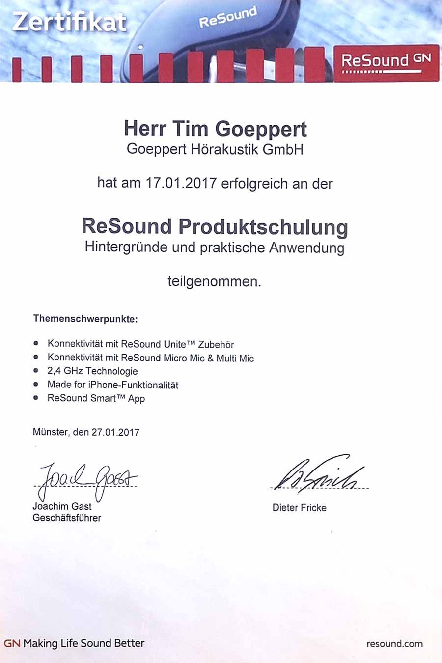 Zertifikat Tim Goeppert Resound 1