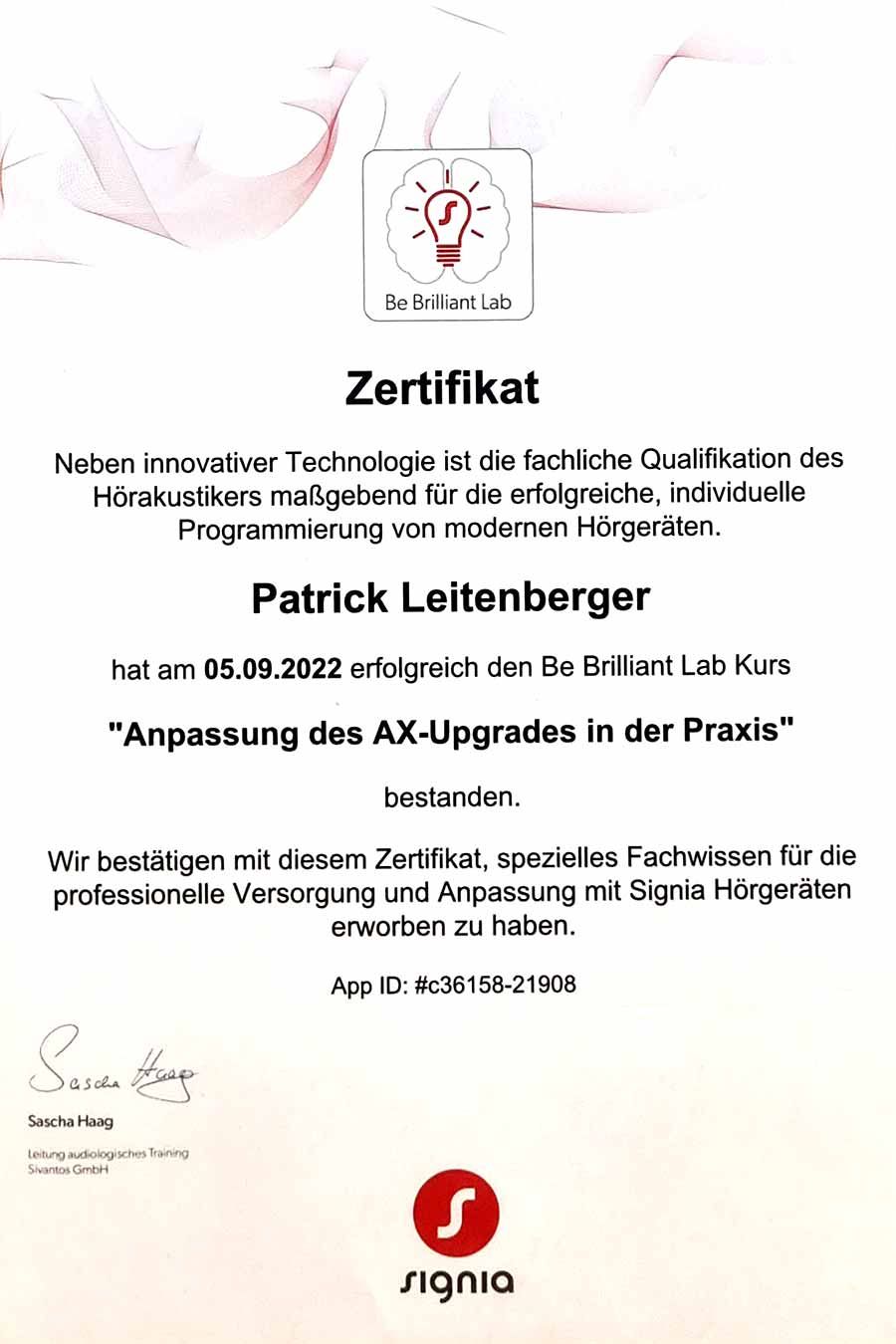 Zertifikat Patrick Leitenberger Signa 5