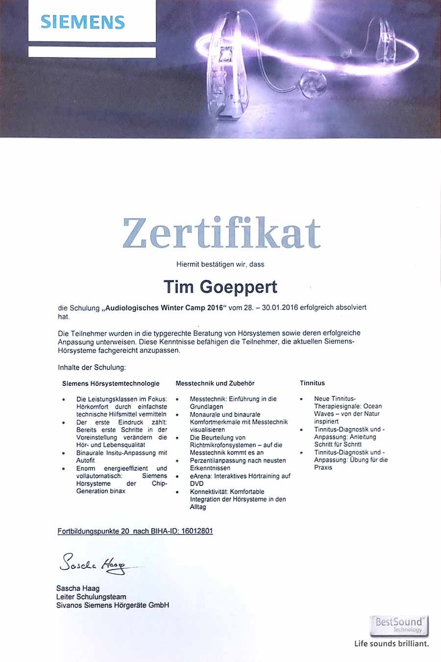 Zertifikat Tim Goeppert Simens 3