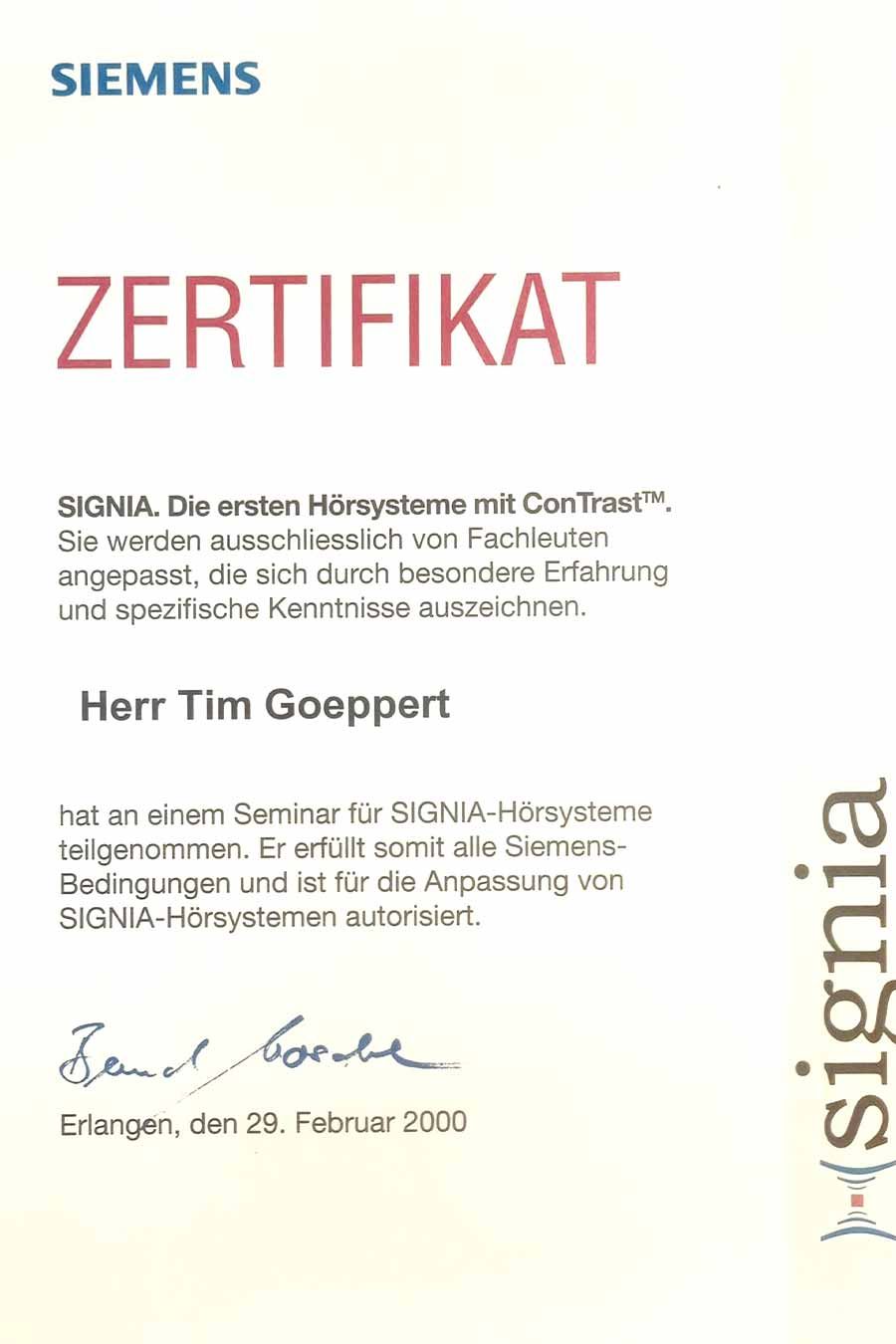 Zertifikat Tim Goeppert Simens Signia 1