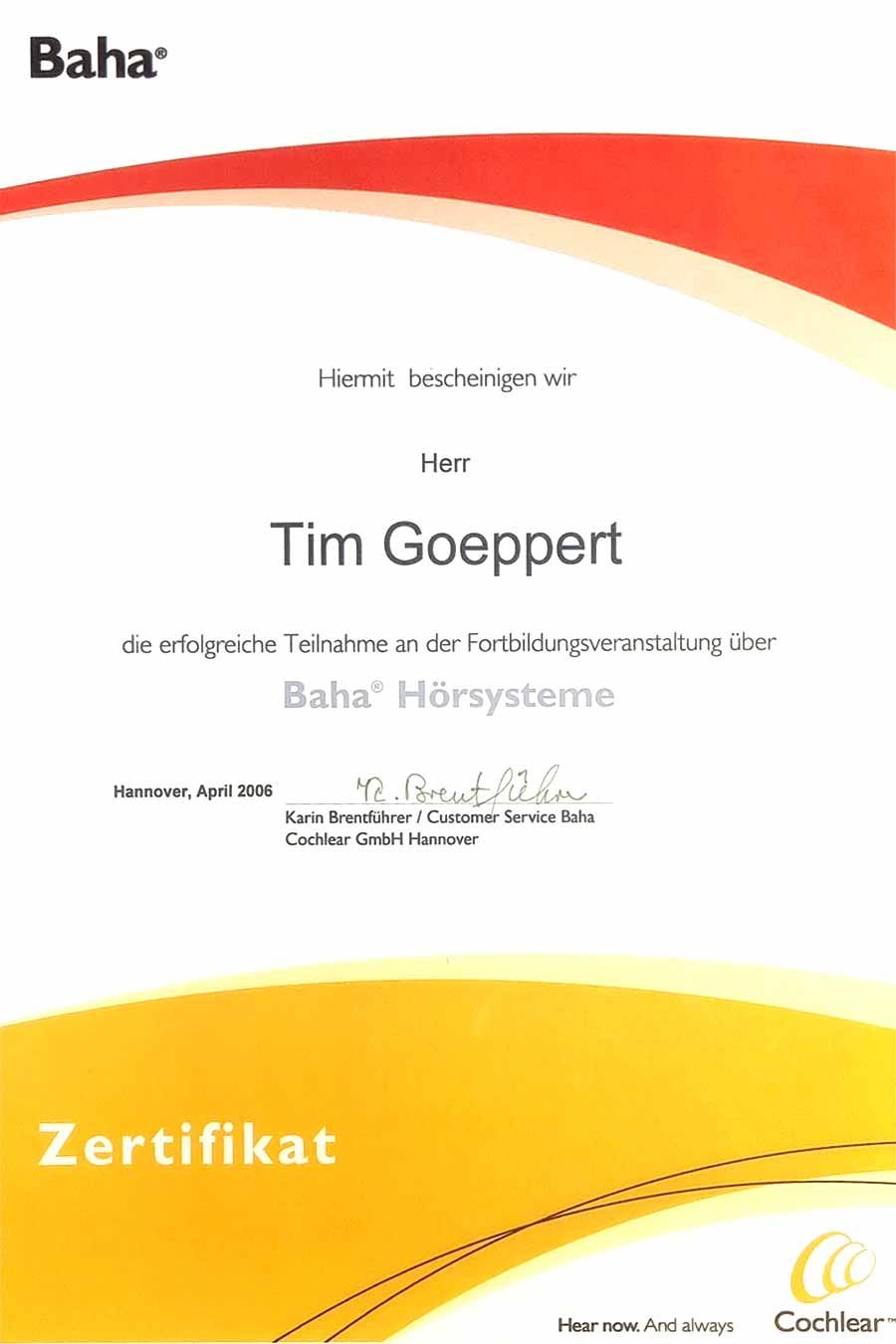 Zertifikat Tim Goeppert Baha 1